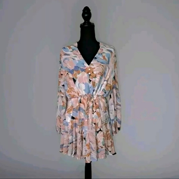 Entro Women Floral Peach Blue Mini Dress Boho Preppy Size Large NWT B25#2 - Picture 1 of 11